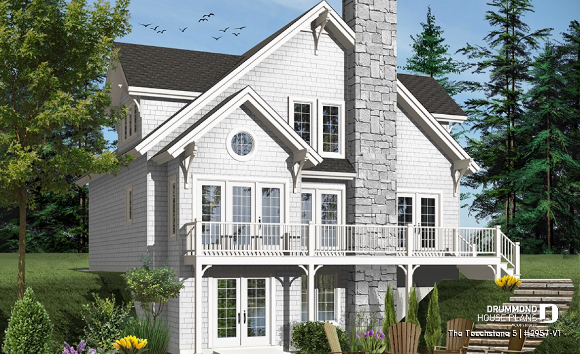 Color version 5 - Rear - Lakefront cottage plan, walkout  basement, 3 to 4 bedrooms, open floor plan layout, fireplace - The Touchstone 5
