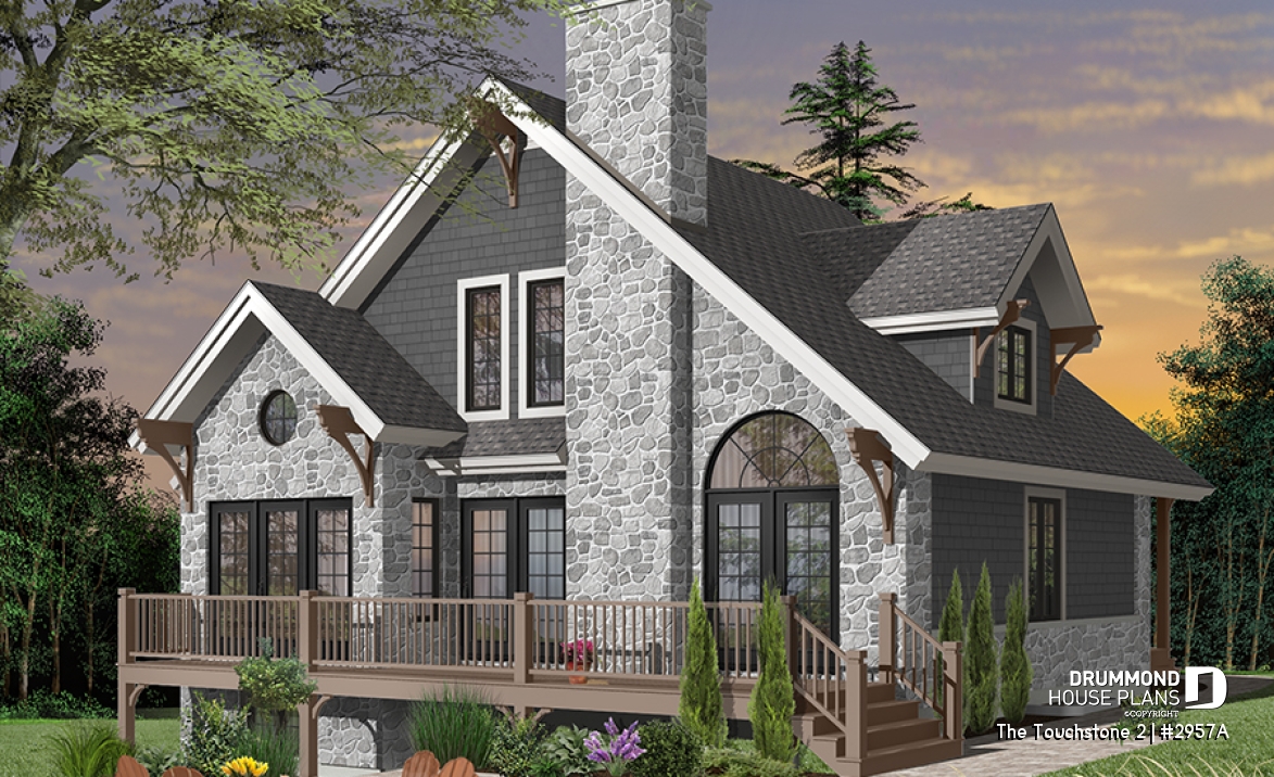 Rear view - BASE MODEL - Modern rustic lakefront cottage house plan ( ski chalet ), cathedral ceiling, master suite on main floor, mezz - The Touchstone 2