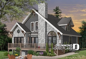 Rear view - BASE MODEL - Modern rustic lakefront cottage house plan ( ski chalet ), cathedral ceiling, master suite on main floor, mezz - The Touchstone 2