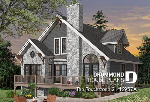 Rear view - BASE MODEL - Modern rustic lakefront cottage house plan ( ski chalet ), cathedral ceiling, master suite on main floor, mezz - The Touchstone 2