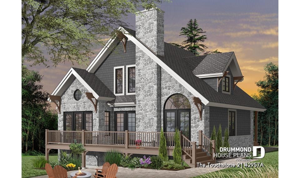 Rear view - BASE MODEL - Modern rustic lakefront cottage house plan ( ski chalet ), cathedral ceiling, master suite on main floor, mezz - The Touchstone 2