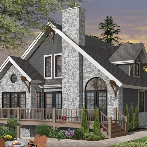 Rear view - BASE MODEL - Modern rustic lakefront cottage house plan ( ski chalet ), cathedral ceiling, master suite on main floor, mezz - The Touchstone 2