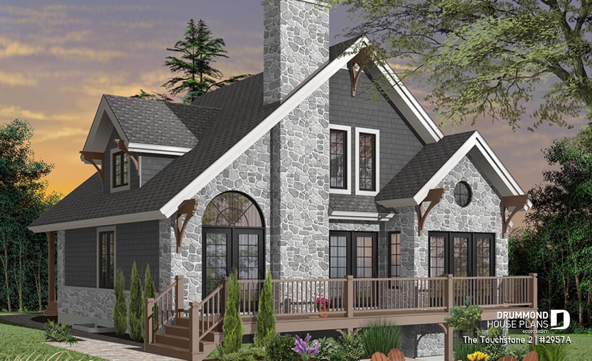 Rear view - BASE MODEL - Modern rustic lakefront cottage house plan ( ski chalet ), cathedral ceiling, master suite on main floor, mezz - The Touchstone 2