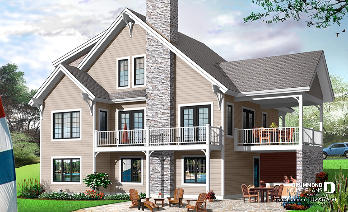 Rear view - BASE MODEL - Spacious 2 to 6 bedrooms, 3 storey mountain cottage home plan with mezzanine, fireplace, large family rooms - Touchstone 6