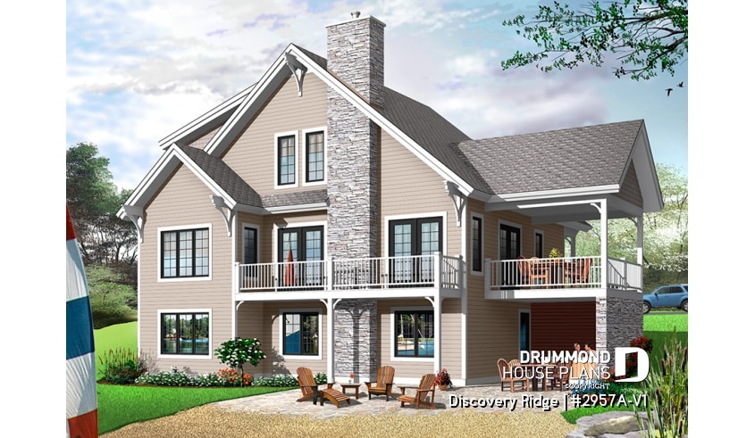 Rear view - BASE MODEL - Spacious 2 to 6 bedrooms, 3 storey mountain cottage home plan with mezzanine, fireplace, large family rooms - Touchstone 6
