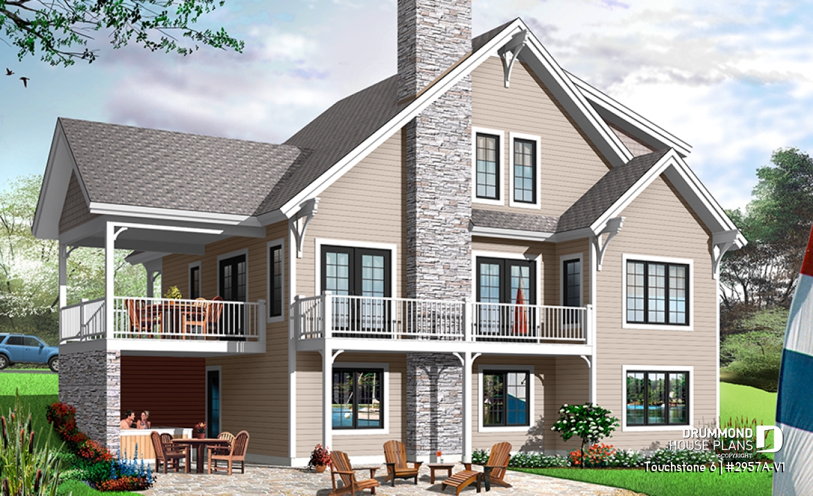 Rear view - BASE MODEL - Spacious 2 to 6 bedrooms, 3 storey mountain cottage home plan with mezzanine, fireplace, large family rooms - Touchstone 6
