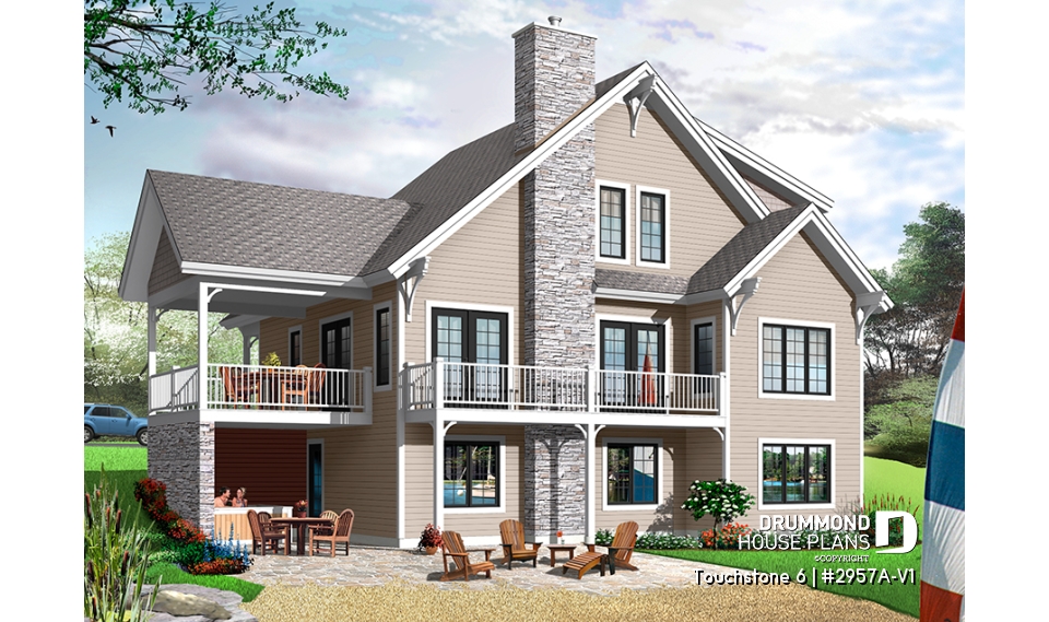 Rear view - BASE MODEL - Spacious 2 to 6 bedrooms, 3 storey mountain cottage home plan with mezzanine, fireplace, large family rooms - Touchstone 6