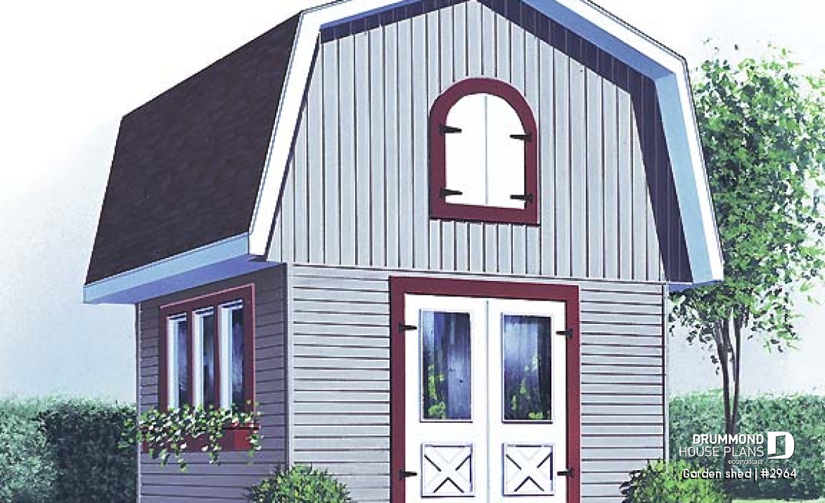 front - BASE MODEL - Barn style shed plan, with upstairs storage accessible by stairs - Garden shed