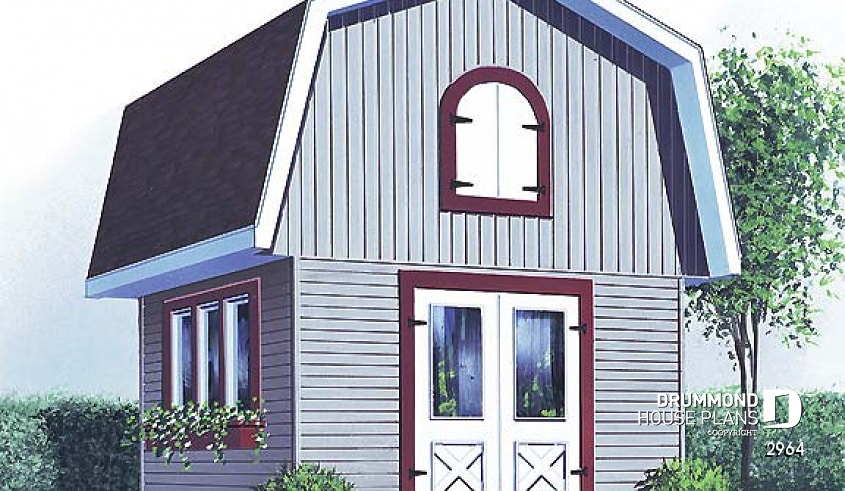 front - BASE MODEL - Barn style shed plan, with upstairs storage accessible by stairs - Garden shed