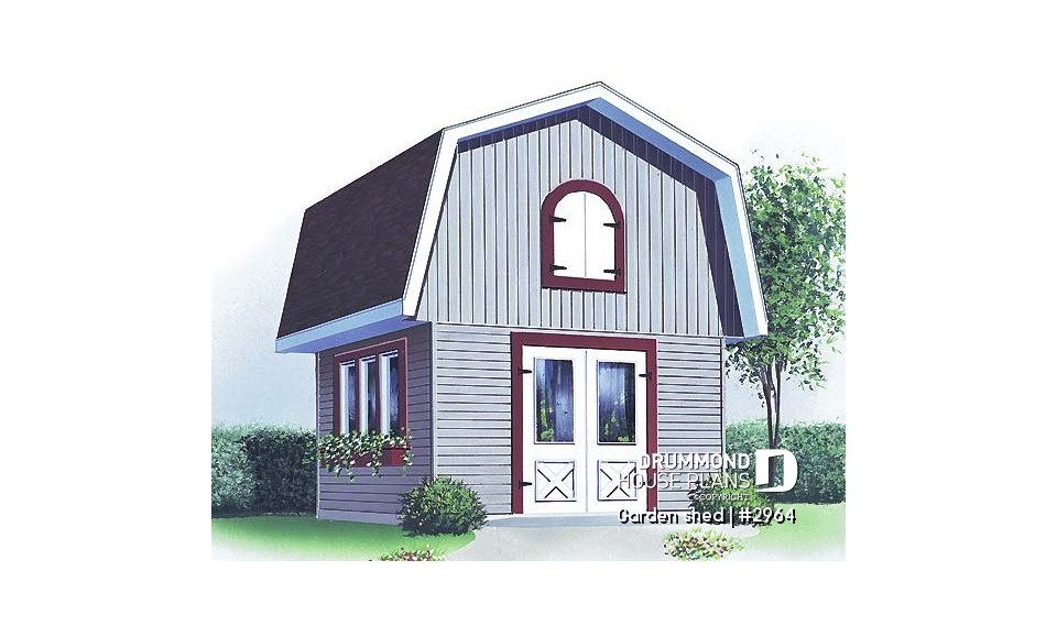 front - BASE MODEL - Barn style shed plan, with upstairs storage accessible by stairs - Garden shed