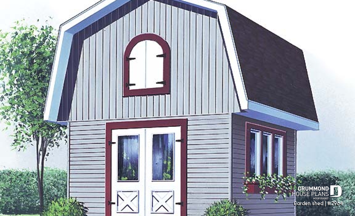 front - BASE MODEL - Barn style shed plan, with upstairs storage accessible by stairs - Garden shed