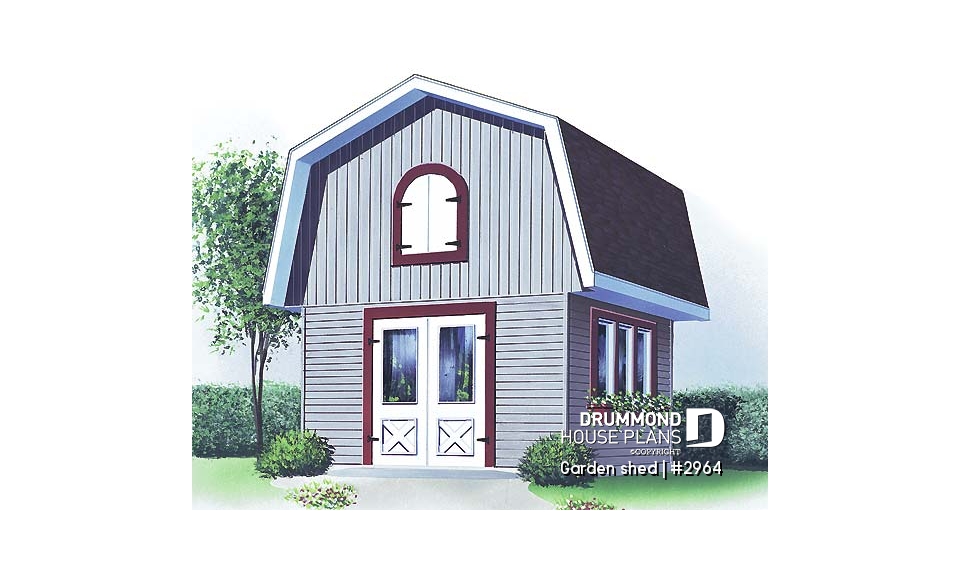 front - BASE MODEL - Barn style shed plan, with upstairs storage accessible by stairs - Garden shed