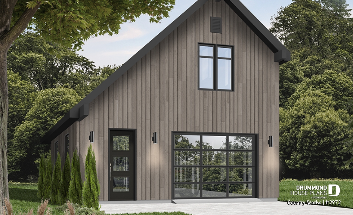 Color version 3 - Front - 1-car garage plan, Modern barn style, bonus room on second floor - Country Works