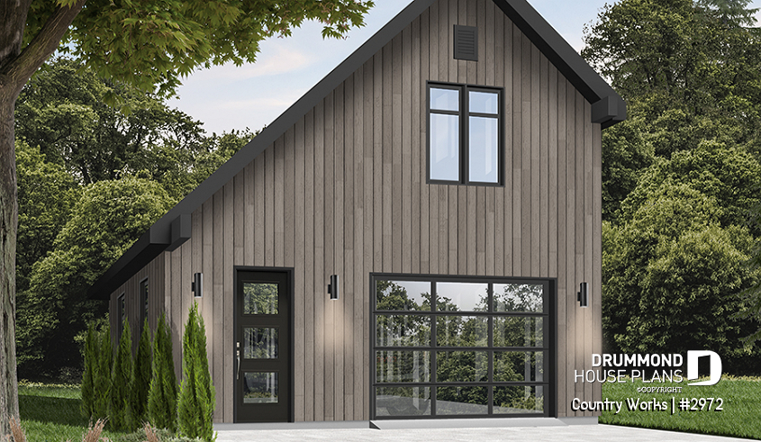 Color version 3 - Front - 1-car garage plan, Modern barn style, bonus room on second floor - Country Works
