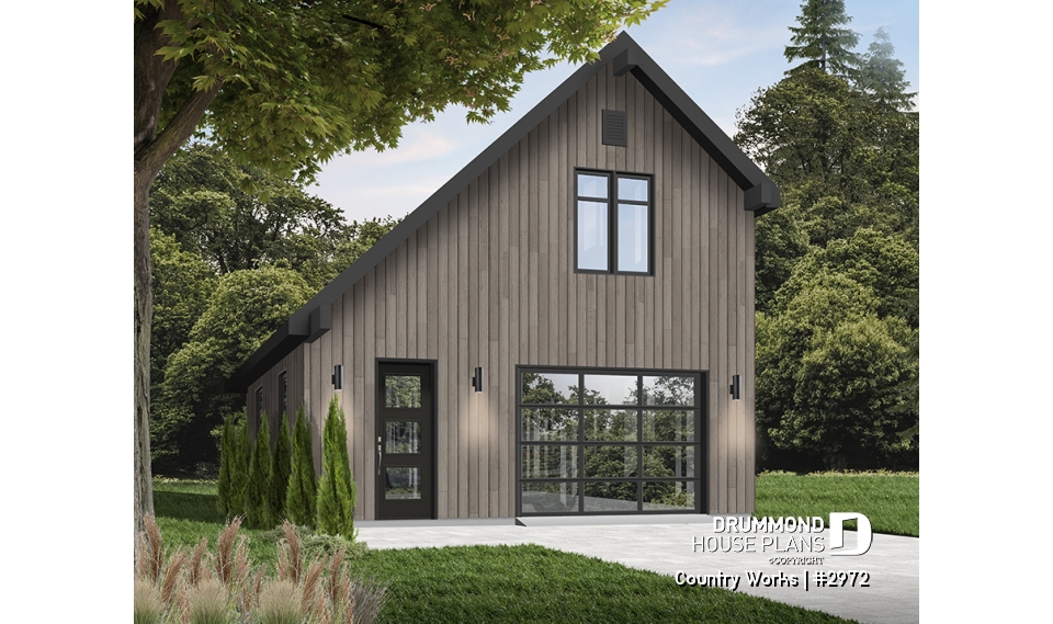 Color version 3 - Front - 1-car garage plan, Modern barn style, bonus room on second floor - Country Works