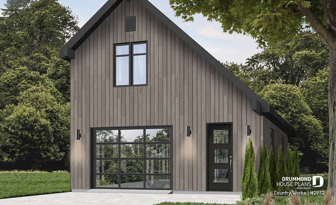 Color version 3 - Front - 1-car garage plan, Modern barn style, bonus room on second floor - Country Works