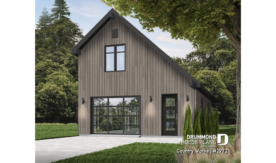 Color version 3 - Front - 1-car garage plan, Modern barn style, bonus room on second floor - Country Works