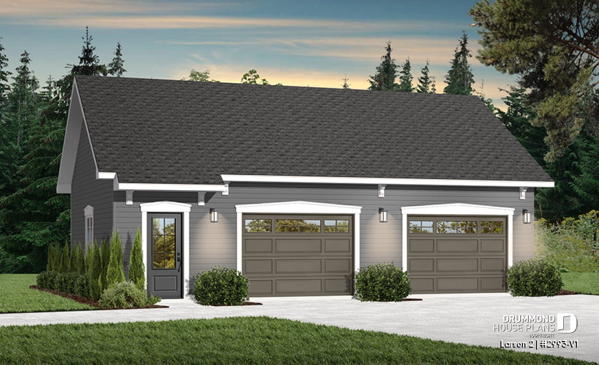 front - BASE MODEL - American two-car garage plan with large bonus storage in attic - Larson 2