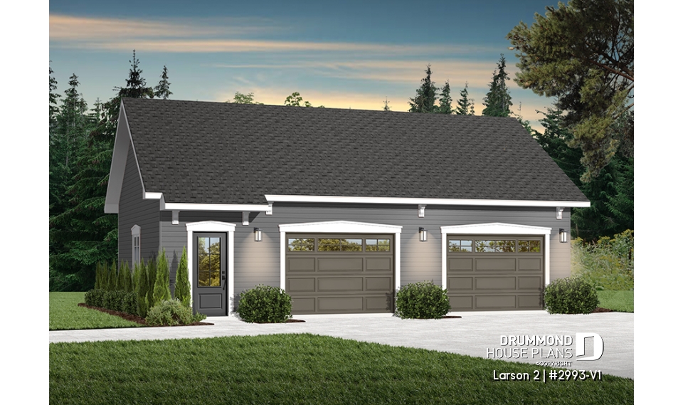front - BASE MODEL - American two-car garage plan with large bonus storage in attic - Larson 2
