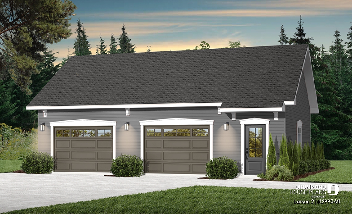 front - BASE MODEL - American two-car garage plan with large bonus storage in attic - Larson 2