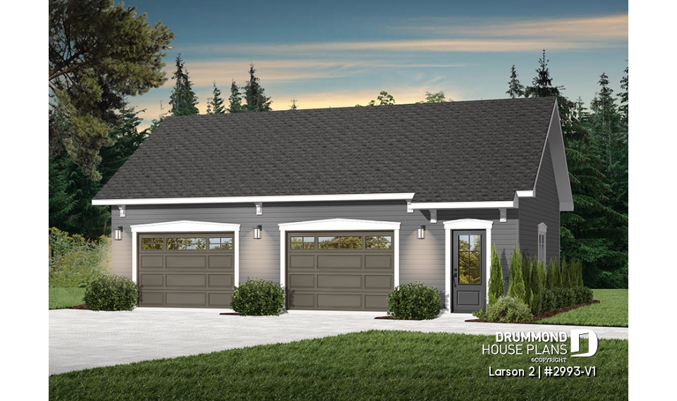 front - BASE MODEL - American two-car garage plan with large bonus storage in attic - Larson 2