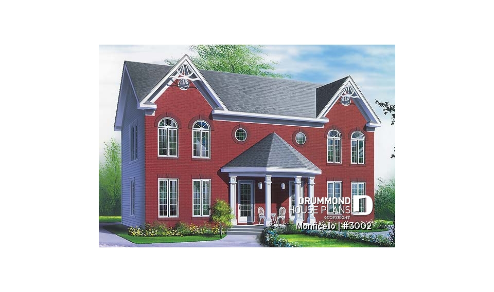 front - BASE MODEL - 2-story semi-detached house plan, 2 to 3 bedrooms and 2 bathrooms per unit, open floor plan concept - Monticello
