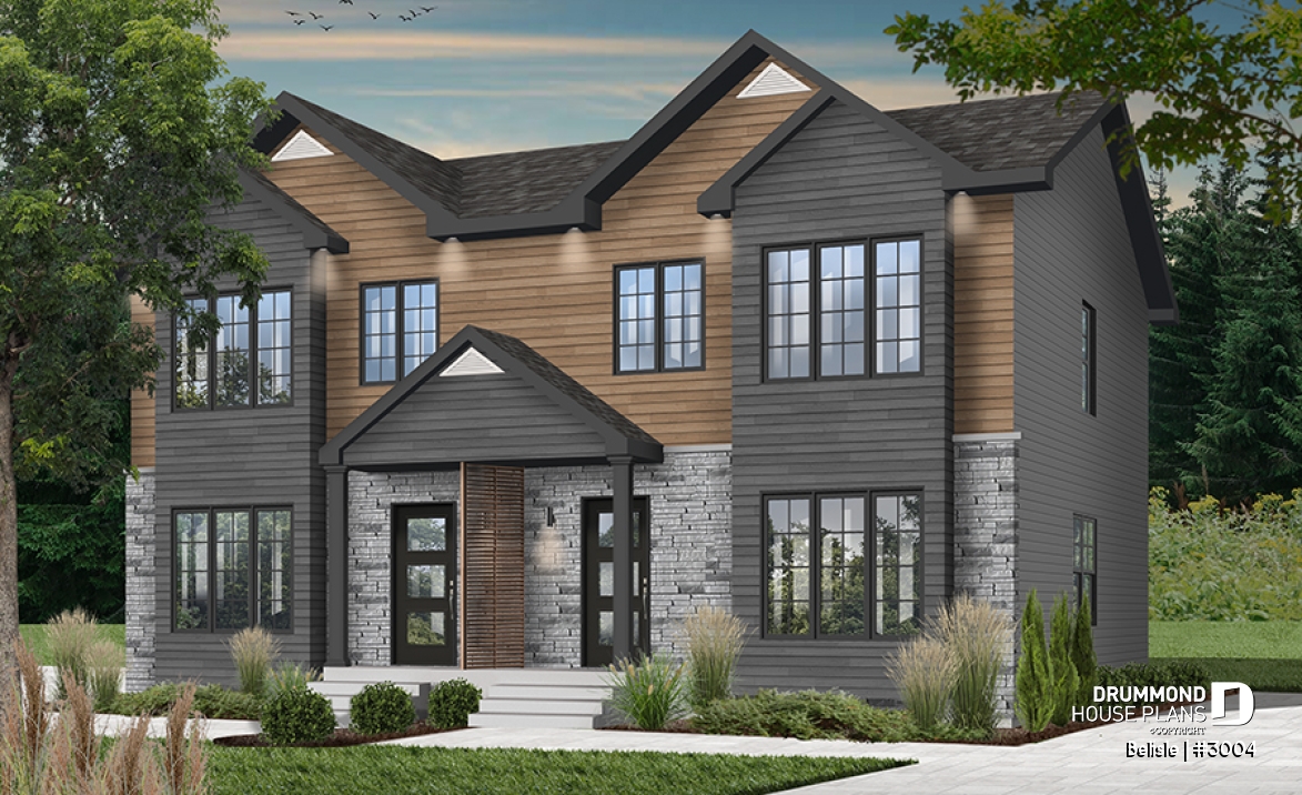 front - BASE MODEL - Two-storey, 3 bedroom semi-detached, duplex house plan, laundry room on  main, master with walk-in - Belisle