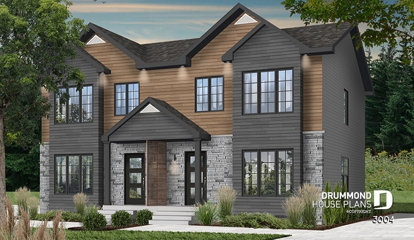 front - BASE MODEL - Two-storey, 3 bedroom semi-detached, duplex house plan, laundry room on  main, master with walk-in - Belisle