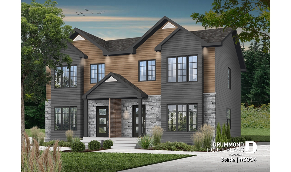 front - BASE MODEL - Two-storey, 3 bedroom semi-detached, duplex house plan, laundry room on  main, master with walk-in - Belisle