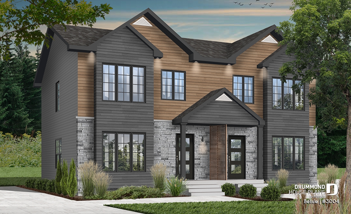 front - BASE MODEL - Two-storey, 3 bedroom semi-detached, duplex house plan, laundry room on  main, master with walk-in - Belisle