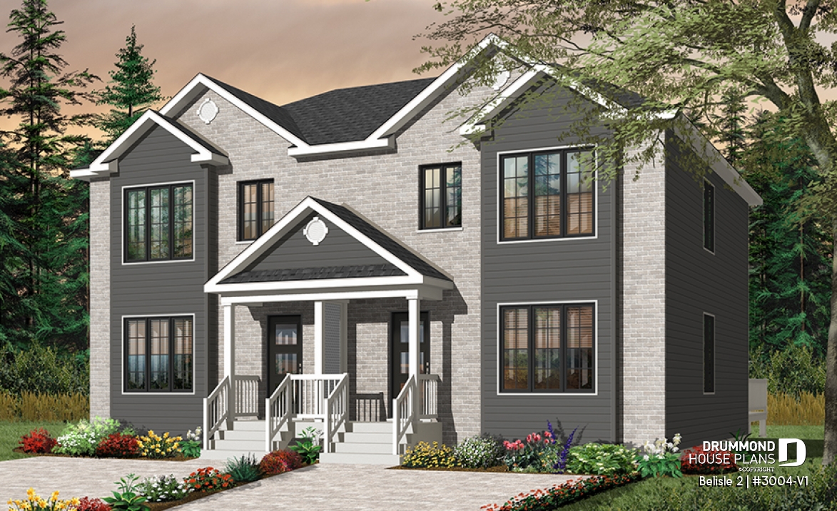 front - BASE MODEL - Contemporary style 3 bedroom semi-detached house plan with great master bedroom, laundry on main - Belisle 2