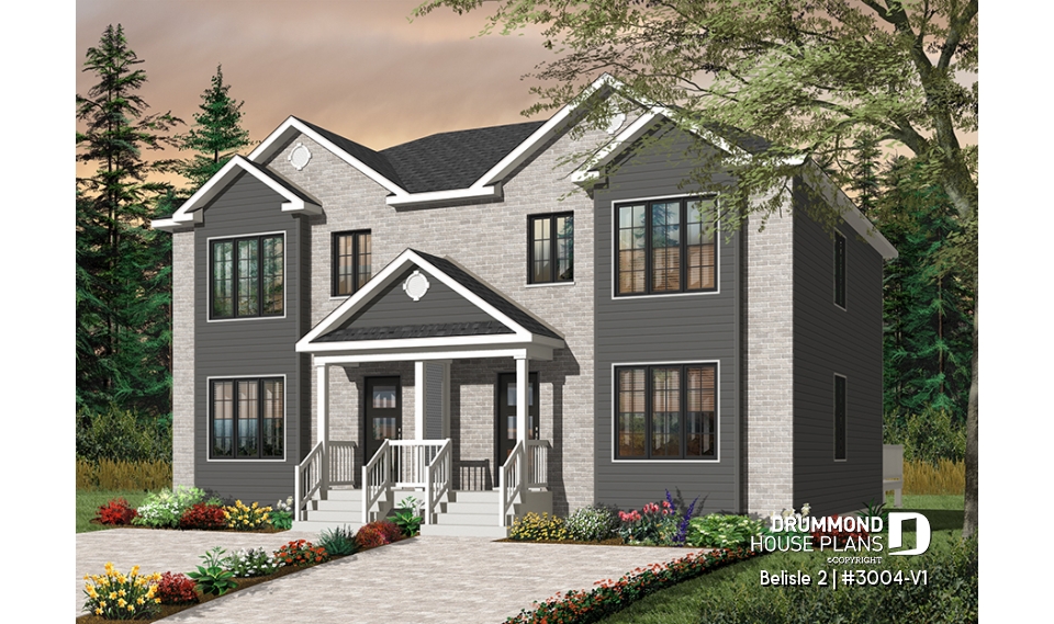 front - BASE MODEL - Contemporary style 3 bedroom semi-detached house plan with great master bedroom, laundry on main - Belisle 2