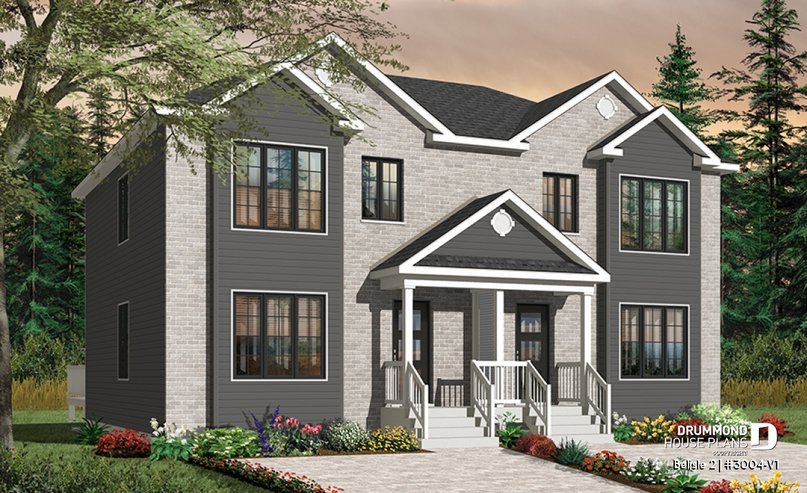 front - BASE MODEL - Contemporary style 3 bedroom semi-detached house plan with great master bedroom, laundry on main - Belisle 2