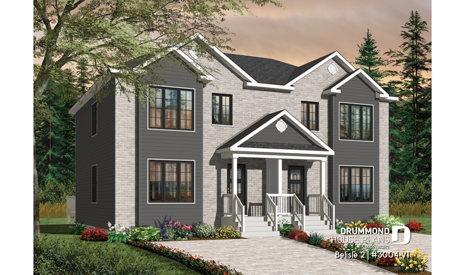 front - BASE MODEL - Contemporary style 3 bedroom semi-detached house plan with great master bedroom, laundry on main - Belisle 2