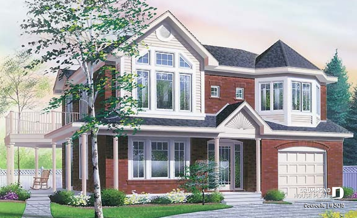 front - BASE MODEL - Integenerational house plan or duplex house plan, one-car garage, 1 bedroom and 3 bedroom apartments - Courcelle