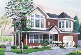 front - BASE MODEL - Integenerational house plan or duplex house plan, one-car garage, 1 bedroom and 3 bedroom apartments - Courcelle