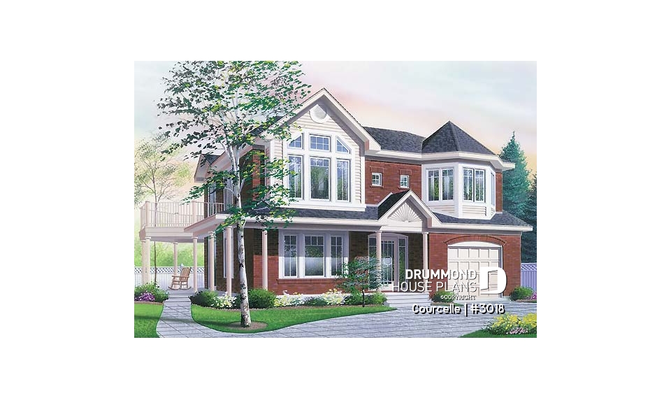 front - BASE MODEL - Integenerational house plan or duplex house plan, one-car garage, 1 bedroom and 3 bedroom apartments - Courcelle