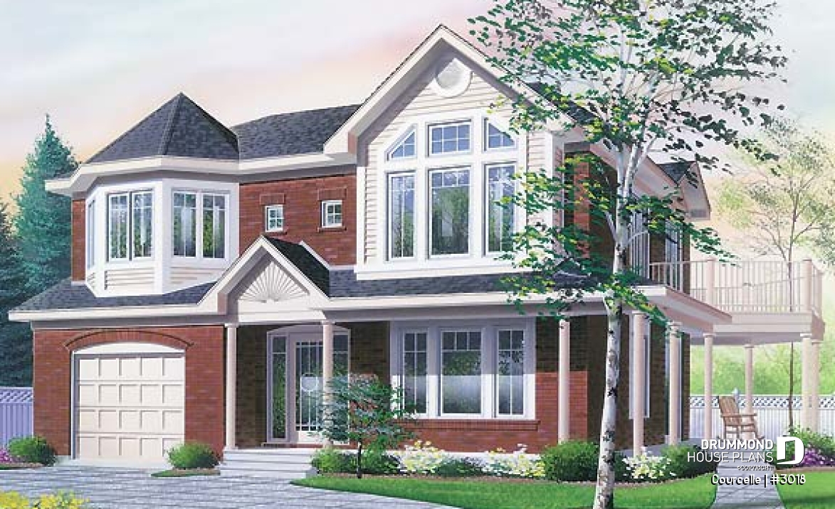front - BASE MODEL - Integenerational house plan or duplex house plan, one-car garage, 1 bedroom and 3 bedroom apartments - Courcelle