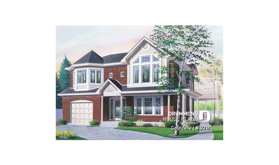front - BASE MODEL - Integenerational house plan or duplex house plan, one-car garage, 1 bedroom and 3 bedroom apartments - Courcelle