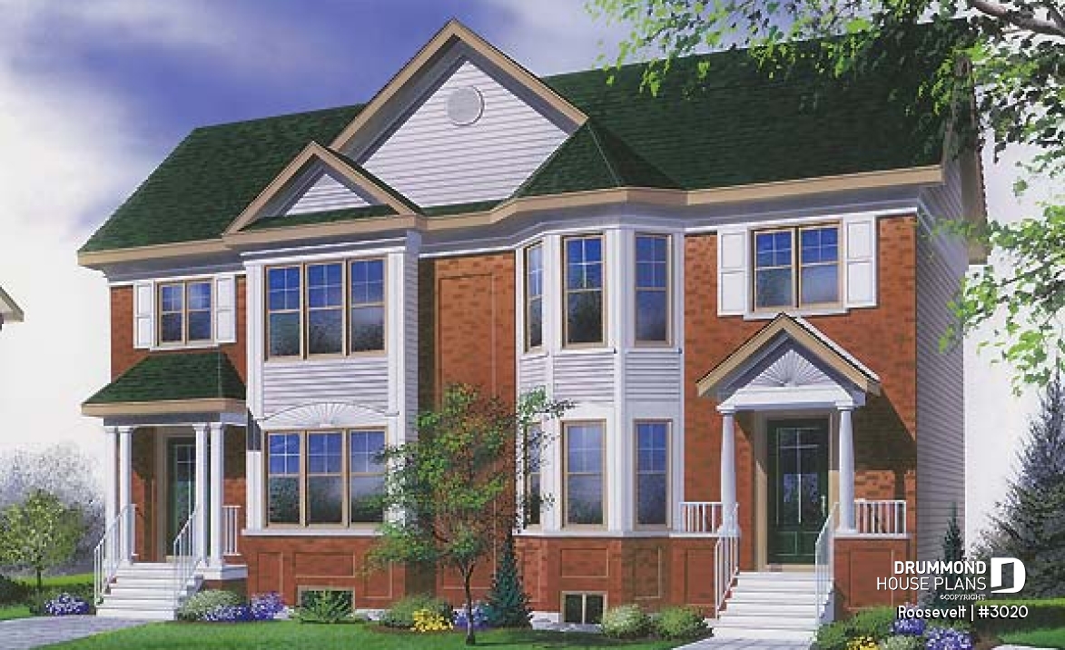 front - BASE MODEL - 2 to 3 bedroom semi-detached building plan, 1.5 baths, open plan concept, pantry in kitchen - Roosevelt