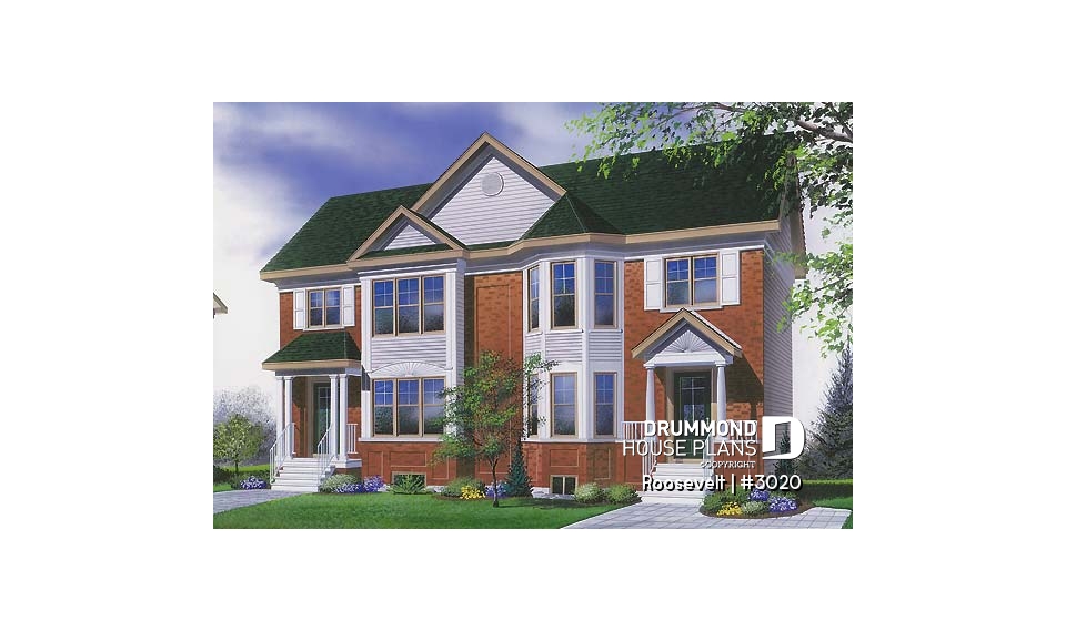 front - BASE MODEL - 2 to 3 bedroom semi-detached building plan, 1.5 baths, open plan concept, pantry in kitchen - Roosevelt