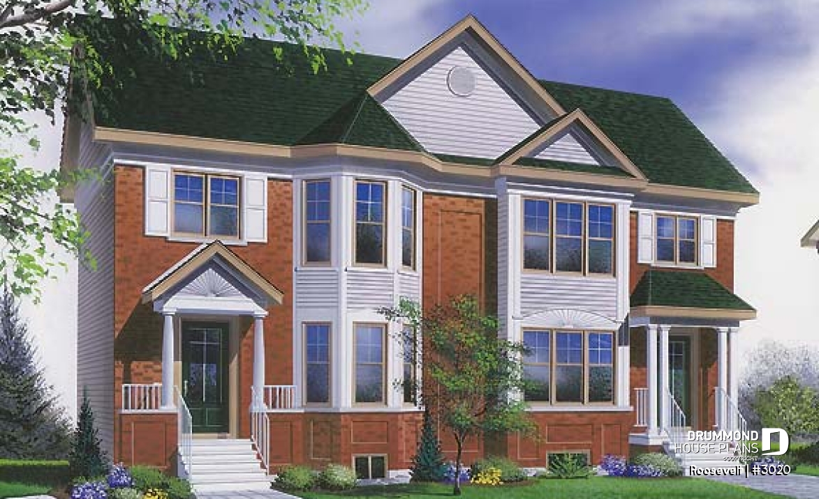 front - BASE MODEL - 2 to 3 bedroom semi-detached building plan, 1.5 baths, open plan concept, pantry in kitchen - Roosevelt