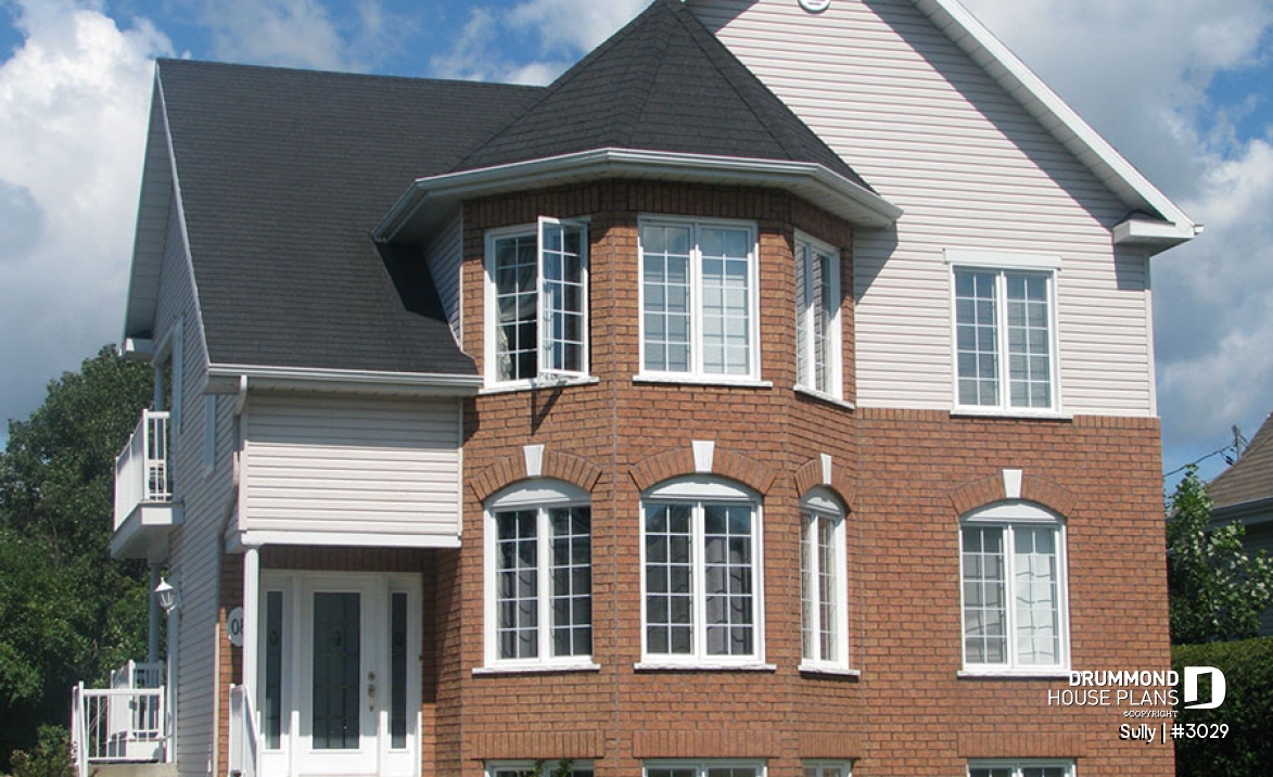 front - BASE MODEL - Triplex house plan with 2 bedrooms, one bathroom and laundry room on each unit, sheltered rear balcony - Sully