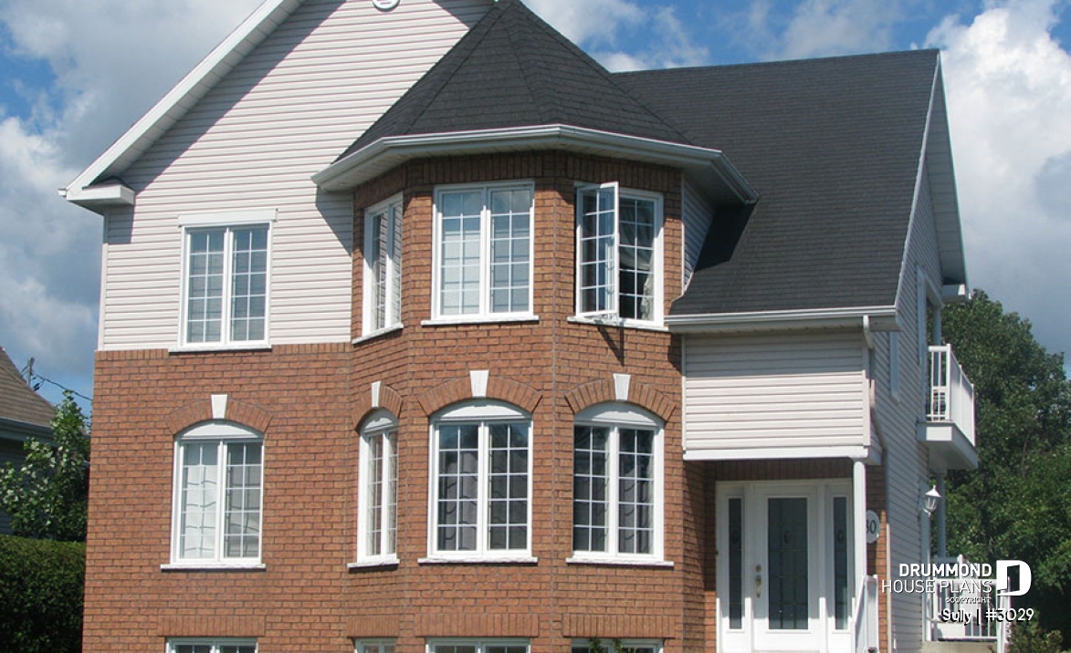 front - BASE MODEL - Triplex house plan with 2 bedrooms, one bathroom and laundry room on each unit, sheltered rear balcony - Sully