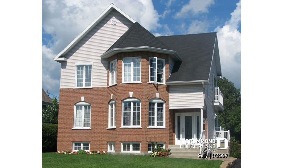 front - BASE MODEL - Triplex house plan with 2 bedrooms, one bathroom and laundry room on each unit, sheltered rear balcony - Sully