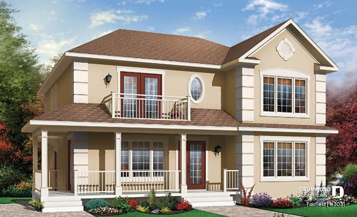 front - BASE MODEL - Duplex house plan with 3 bedrooms and laundry closet on each unit and a rear balcony.  - Fairfield