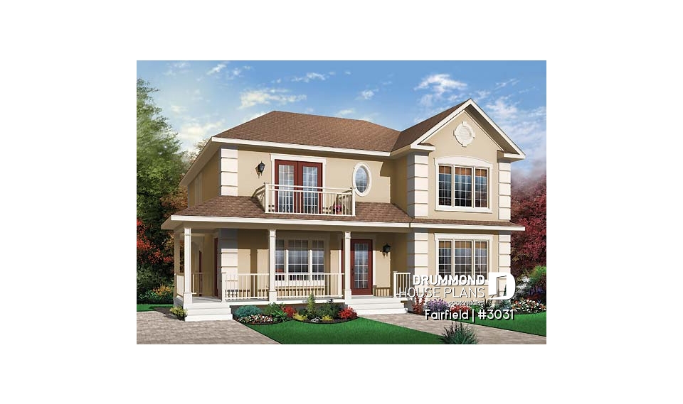 front - BASE MODEL - Duplex house plan with 3 bedrooms and laundry closet on each unit and a rear balcony.  - Fairfield