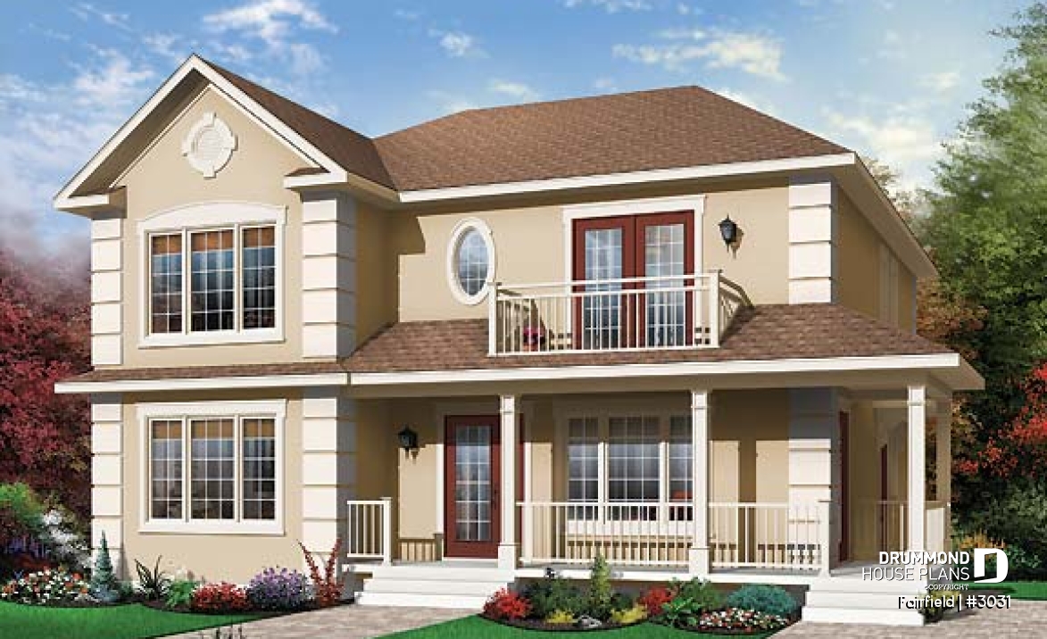 front - BASE MODEL - Duplex house plan with 3 bedrooms and laundry closet on each unit and a rear balcony.  - Fairfield
