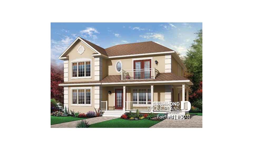 front - BASE MODEL - Duplex house plan with 3 bedrooms and laundry closet on each unit and a rear balcony.  - Fairfield