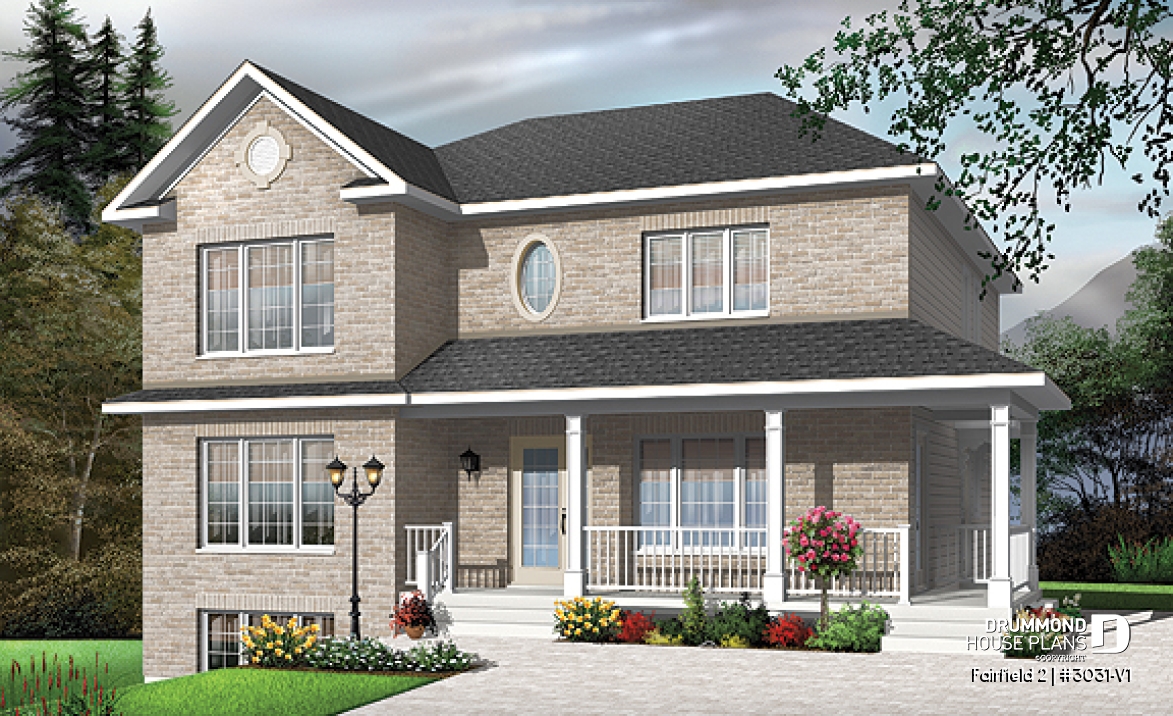 front - BASE MODEL - 3 unit apartment building plan (triplex house plan) 3 bedrooms per unit, veranda on main floor - Fairfield 2